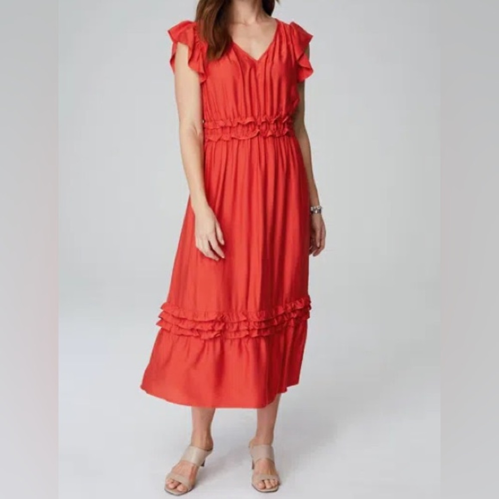 J. Jill Elevated Ruffle Trimmed Midi Dress Large Persimmon Flutter Sleeve Tiered